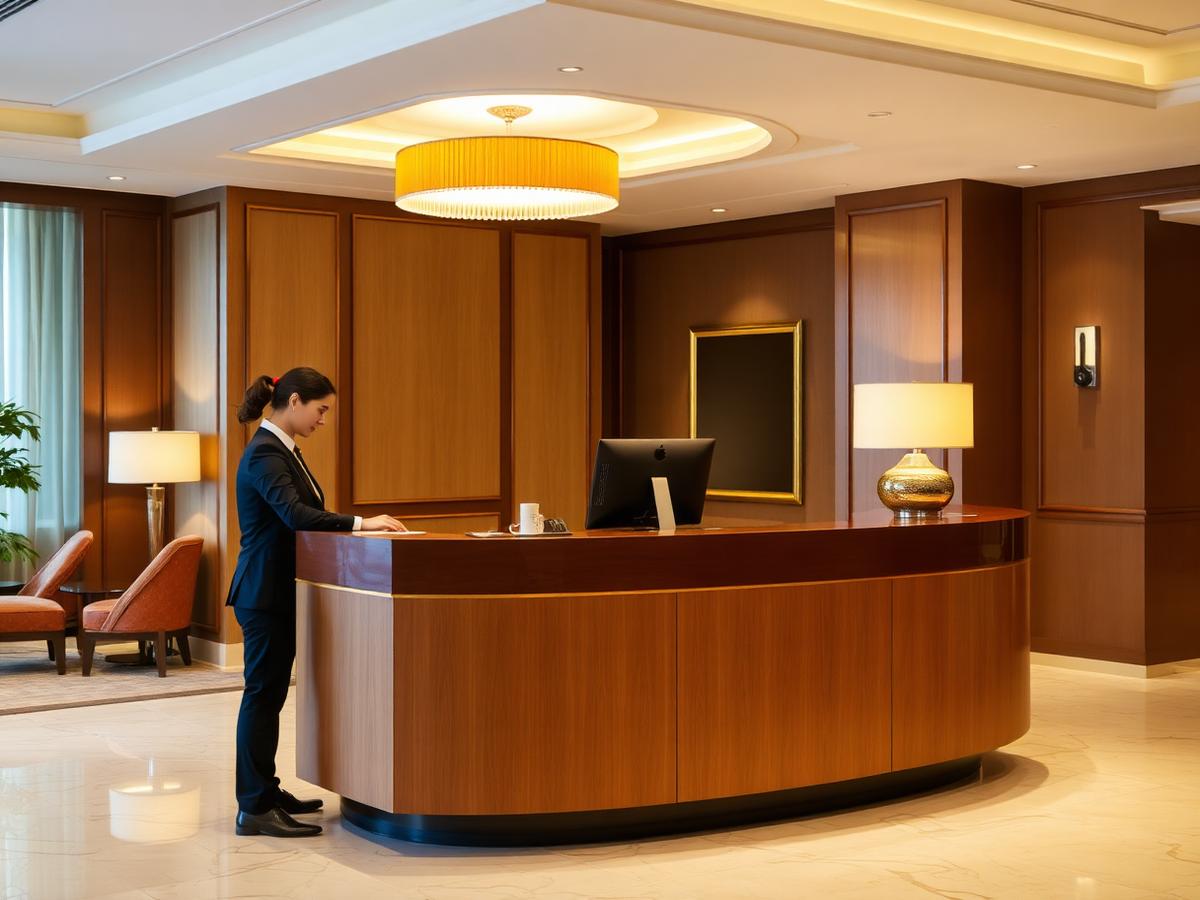 Receção de hotel durante o check-in de um hóspede