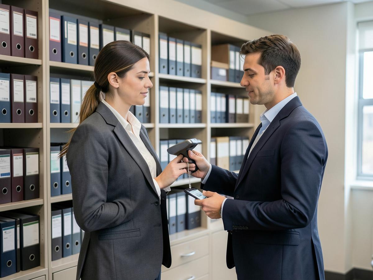 Colaboradores a registar processos de arquivo com leitor RFID