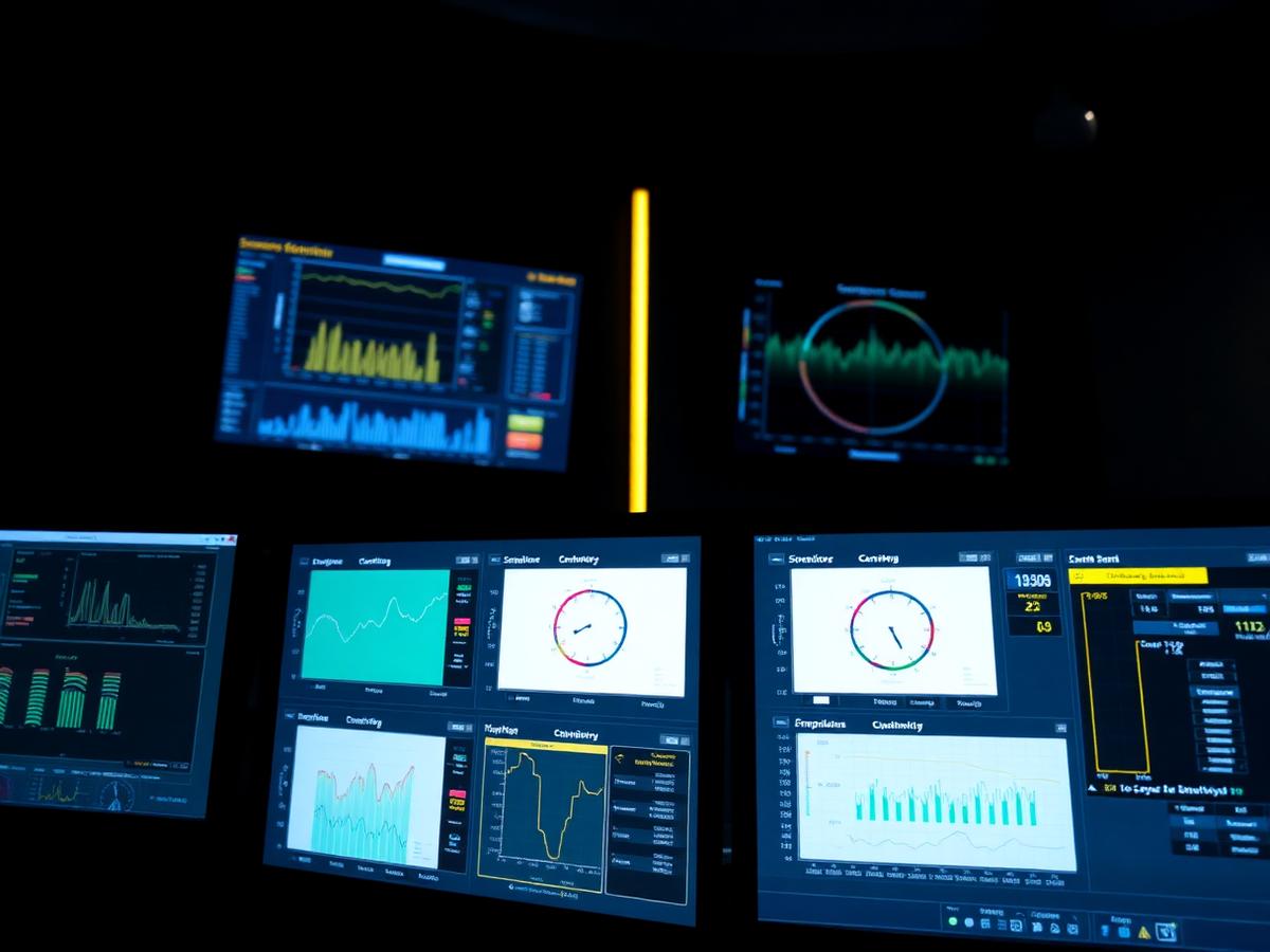 Sala de monitorização com gráficos de sensores e alertas em tempo real